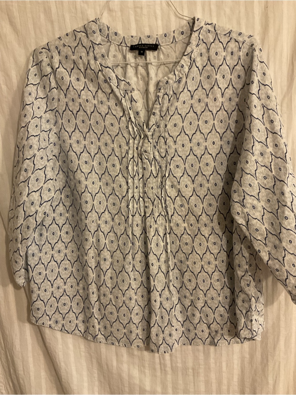 Carol Little Casual 1X Ogee Patterned Peasant Women's Top - Blue on Cream